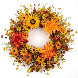 JINGHONG Artificial Fall Wreath 22 Inch Fall Wreaths for Front Door Autumn Flower Wreath with Sunflower Daisy Dahlia Pumpkin for Indoor Outdoor Window Wall Porch Harvest and Thanksgiving Celebration