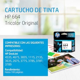 HP Cartucho de Tinta 664 Tricolor Original, Compatibilidad con Impresoras Deskjet 4535, 4675, 3835, 1115, 2135, 3635, 2675, 3775, 3785, 3787, 3789, Rendimiento hasta 100 páginas (F6V28AL)