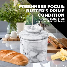 Flexzion Marble Butter Crock with Lid for Countertop - 4.25" French Marble Butter Keeper Dish Holder Container Pot with Water Line for Kitchen Home Decor Display Gift, Grey