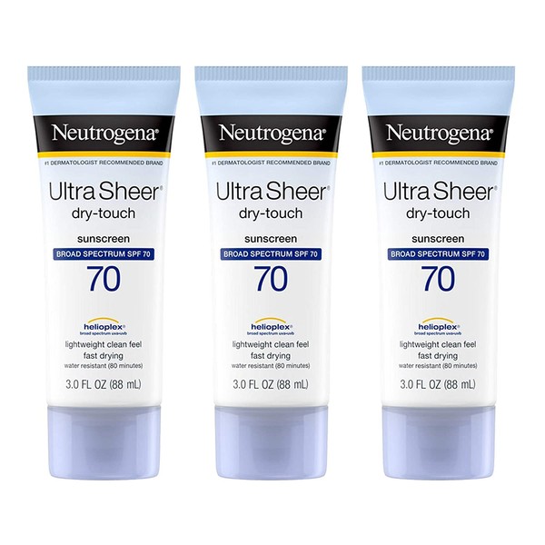 Neutrogena Ultra Sheer Dry-Touch Sunscreen Lotion, Broad Spectrum SPF 70 UVA/UVB Protection, Lightweight Water Resistant, Non-Comedogenic & Non-Greasy, Travel Size, 3 fl. oz (Pack of 3)
