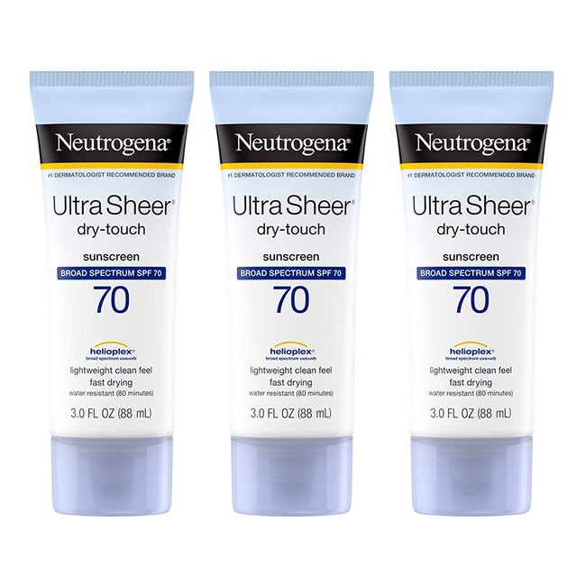 Neutrogena Ultra Sheer Dry-Touch Sunscreen Lotion, Broad Spectrum SPF 70 UVA/UVB Protection, Lightweight Water Resistant, Non-Comedogenic & Non-Greasy, Travel Size, 3 fl. oz (Pack of 3)