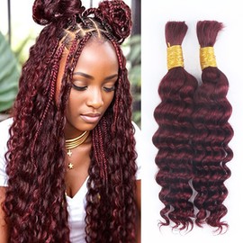 Human Braiding Hair for Boho Braids Burgundy Deep Wave Bulk Human Hair for Braiding 20 Inch 2 Bundle 100G #99J Wet and Wavy Curly Red No Weft Bundles