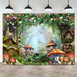 Lofaris Spring Enchanted Mushroom Forest Photography Backdrop Magic Fairytale Forest Background 7x5ft Fantasy Woodland Wonderland Banner for Kids Birthday Party Decor Portrait Photo Booth Props