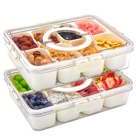 SPACELEAD Snack Box Container, Divided Serving Tray with Lid and Handle Snackle Box Container, Snack Organizer for Candy, veggie,Fruits, Nuts,Snacks， Snack storage for Party, Picnic,Travel，2 Pack