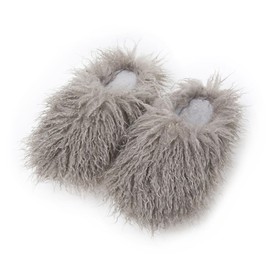Unisex Fuzzy Faux Fur Slippers, Women's Fluffy Long Hair Sheep Faux Fur Slip on Slides, Girls Luxury Big Fluffy Outdoor Flat Slippers, Long Curly Hair Non-Slip Warm Home Slide Shoes(Grey,6.5-7)