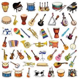 Musical Instrument Stickers - 50 Pcs Music Stickers Motivational Vinyl Waterproof Stickers Cartoon Lovely PVC Kawaii Decals Funny Vinyl Decoration DIY Decor for Teens (Instrument)