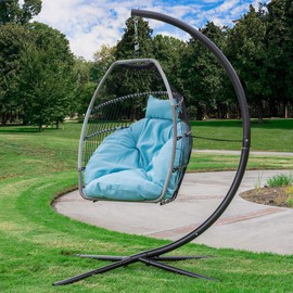 Barton Premium Egg Style Hanging Chair Blue w/Deep Cushion Soft Relaxing Luxury Outdoor Indoor Patio Bedroom Hanging Swinging
