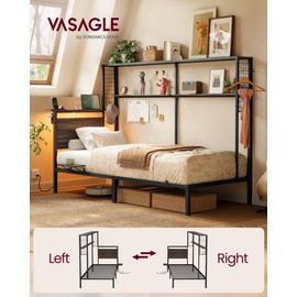 VASAGLE Twin Size Metal Bed Frame with Headboard, Multifunctional Storage, Built-in LED Lights, Charging Station, Bookshelf, Bedside Shelf, Space-Saving, No Box Spring Needed, Ash Brown URMB963K01