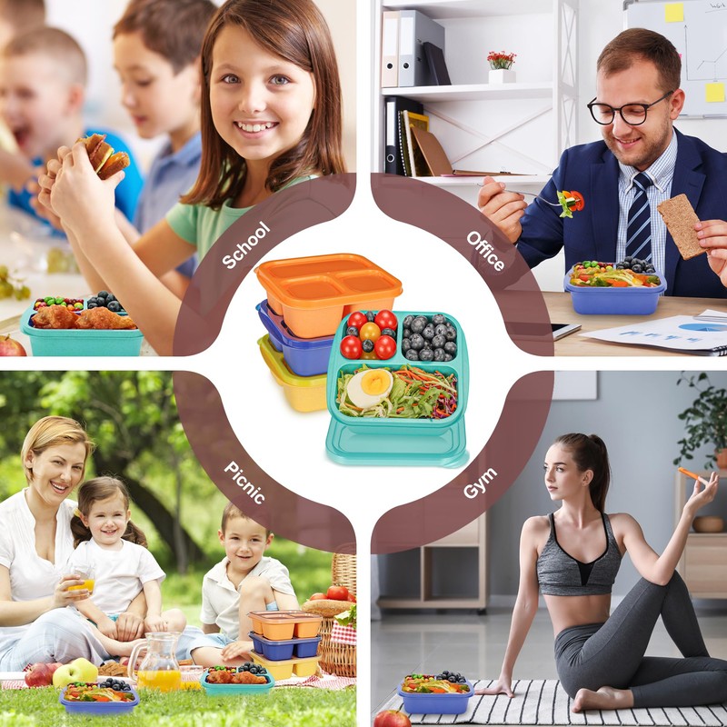 Reusable Snack Containers with Lids, 3 Compartments Bento Snack Boxes,