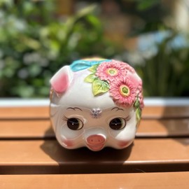 FORLONG - Alcancía de cerámica para niña, cartera, caja de dinero, diseño de cerdo de girasol pintado a mano (rosa-solero, pequeño)