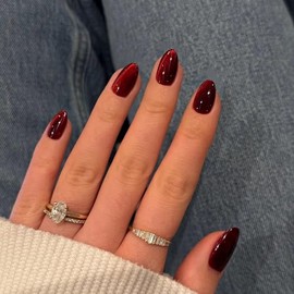 SXVME Uñas Postizas Burdeos, Cortas, Ovaladas, Redondas, Estilo Ojo De Gato, Color Vino, Con Brillantina Y Pegamento, Uñas Postizas Cortas Almendradas
