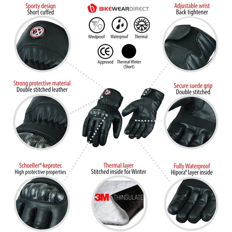 Texpeed Mens Winter Motorcycle Leather Gloves - Waterproof Motorbike Riding