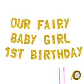 Meowoo Sweet Fairy Birthday Banner, 7.7 Inch Big Letters, Luxe Gold Glitter Cardstock, Easy-to-Assemble Decorations for Our Baby Girl’s 1st Birthday Party Supplies
