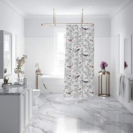 Levtex Home - Mockingbird - Shower Curtain (72x72in.) with Button Holes - Grey Toile with Birds and Butterflies - Grey, Yellow, Blue, Rust - 100% Cotton