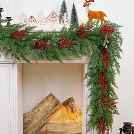 Dolicer 6FT Christmas Pine Garland, Artificial Cedar Garland with Red Berries, Lush Winter Greenery Garland with Lights for Mantel Home Fireplace Holiday Weeding Christmas Decorations