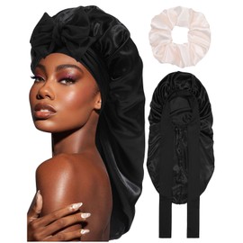 Coubeau Long Satin Bonnet Sleep Cap - Silk Hood for Sleeping Night Sleep Hat Adjustable Sleep Cap Headgear Soft Head Cover Sleep Cap Silk with Elastic Band for Women and Girls