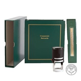 Corporate Kit (Green) - Binder, Slipcase, Minutes & Bylaws, Stock Certificates, Index Tabs & Black R-542 Self-Inking Corprate Seal Stamp