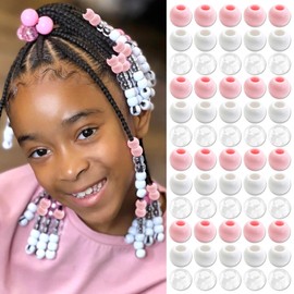 NAISKA 60Pcs Light Pink Acrylic Hair Beads for Kid Candy White Hair Jewelry Braids Loc Dreadlock Accessories Hair Clip Decoration Braids Jewelry Making Braid Clips for Women and Girls