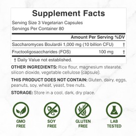Saccharomyces Boulardii Probiotics + FOS Supplement, 10 Billion CFU, 240 Veggie Capsules – Probiotic & Prebiotic for Women & Men – Gut, Immune & Digestive Health Support – Non-GMO