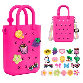 Silicone Small Rubber Beach Bag with 20 Charms, Hole Handbag With Adjustable Shoulder Strap, Mini Tote Bags for Little Girls and Woman(Hot Pink)