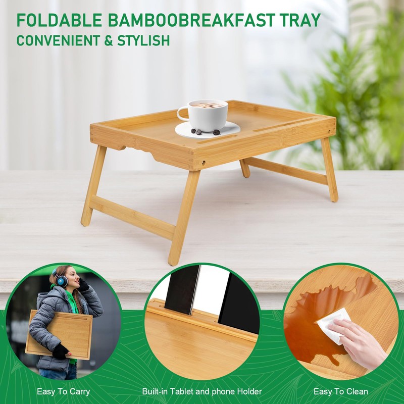 Bed Tray Table with Handles Folding Legs, Bamboo Breakfast Food