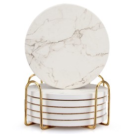 6 Pcs White Marble Coaster Set with Holder Best Absorbent Coasters Drink Coasters Ceramic Bar Coasters Cute Table Coasters Gift Cup Stone Coasters Modern Coasters