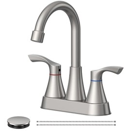 Brushed Nickel Bathroom Faucet 3 Hole, Evolvegoods 4 Inch Stainless Steel Bathroom Sink Faucet, 2 Handle Centerset Faucet for Bathroom Sink Vanity, with Pop Up Drain and 2 Supply Hoses