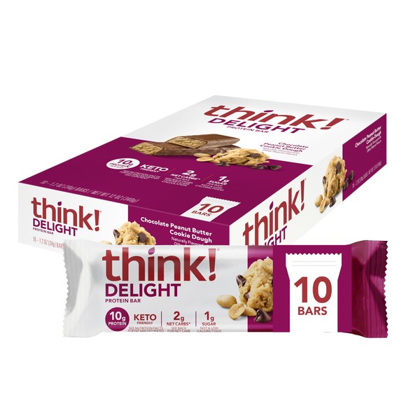 think! Delight, Keto Protein Bars, Healthy Low Carb, Gluten Free Snack - Chocolate Peanut Butter Cookie Dough, 10 Count (Packaging May Vary)