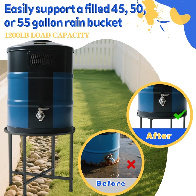 Rain Barrel Stand Heavy-Duty Stainless Steel- Supports 45/50/55 Gallon Plastic