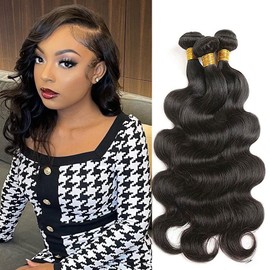 Color 1B Body Weave Bundles Human Hair #1B Body Wave Bundles Hair Weave Extensions Double Weft Wet and Wavy Bundles Soft and Silky for Black Women (8 10 12 inch,3 Bundles)