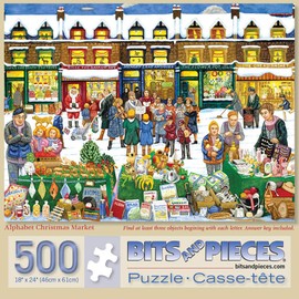 Bits and Pieces - Alphabet Christmas Market 500 Piece Jigsaw Puzzles for Adults - Each Puzzle Measures 18" X 24" - 500 pc Jigsaws by Artist Gale Pitt