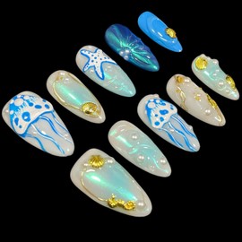 Ocean Theme Press On Nails, Medium Almond Shape, 3D Jellyfish Design with Pearls and Seashells, Summer Vacation False Nails (Blue Ocean, S)