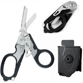 MYLEUS Heavy-Duty Emergency Response Shear with Strap Cutter & Glass Breaker, Multifunctional Foldable Outdoor Multitool Plier Shear, Black - Includes Utility Holster