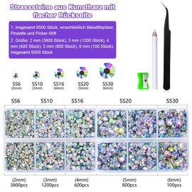 6500 Pieces AB Rhinestones, Hotfix Rhinestones, Clear Rhinestones with Flat Back, Nail Stones, Round Crystal Rhinestones for Crafts, with Wax Pen and Tweezers Kit