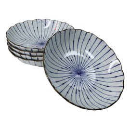 Ebros Gift Artistic Blue Waves Fubuki Tokusa Made In Japan Dinnerware Serveware Kitchenware Set Asian Japanese Restaurant Supply (Pack Of 6 Round Flair Large Deep Plates Shallow Bowls 24oz)