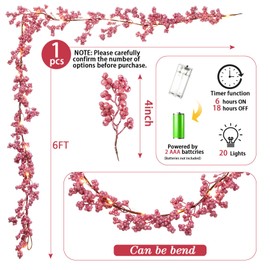 Syhood Berry String Christmas Garland Glitter Lighted Berry Indoor Artificial Garland Winter Fall Christmas Decor Light Garland for Holiday Fireplace Mantel Table, 6 ft(Glitter Pink)