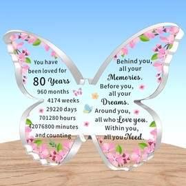 AMZQ Inspirational 80th Birthday Gifts for Women Transparent Butterfly Shape Acrylic Birthday Present Ideas for 80 Year Old Woman