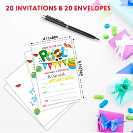 AWSICE Pool Party Theme Birthday Invitations, Double-Sided Fill-In Invite Cards For Birthday Party，Boys, Girls, Kids,Teen, 20 Invitations With Envelopes, Decorations,Party Favor And Supply-A21