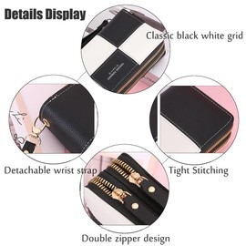 Gosyfeti Womens Wallet Zip Around, PU Large Capacity Long Purse, Phone Check Organizer Credit Card Holder with Wristlet, Black and White