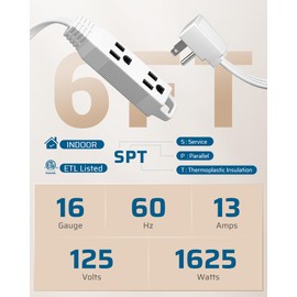 DEWENWILS 6FT Flat Plug Extension Cord, 3 Prong Ultra Thin Power Strip, 13A/125V/1625W, 16/3 Awg Grounded Flat Power Cable for Indoor Narrow Space, SPT-3 Cord, ETL Listed, White, 2 Pack