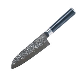 Swiss Diamond 6 Inch Santoku Knife - Hammered German Steel Chefs Knife, 55+2 Rockwell Hardness, Black Knife with ABS Handle