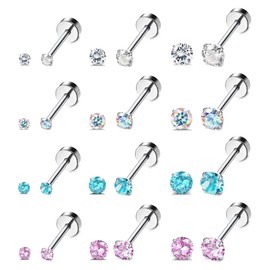 Subiceto 12Pairs 20G Stainless Steel CZ Stud Earrings for Women Men Cartilage Helix 2mm 3mm 4mm Stud Earrings Set Round Cubic Zirconia Screw Flat Back Stud Ear Piercing