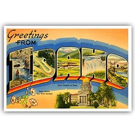 GREETINGS FROM IDAHO vintage reprint postcard set of 20 identical postcards. Large letter US state name post card pack (ca. 1930's-1940's). Made in USA.