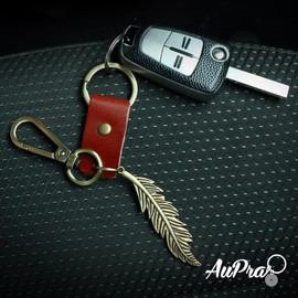 AuPra Feather KeyRing Gifts Women & Men Red Leather KeyChains Home Car Door Keys Holder Present