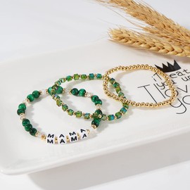 MAMA Bracelet Dainty Gold Crystal Beaded Bracelets Set for Women Stackable 14K Gold Plated Beads Nature Stone Layered Stretch Bracelets Mother's Day Gifts for Mom Grandmom