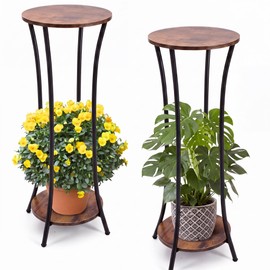 Tandefio 2 Pack 31'' Plant Stand Indoor, 2 Tier Round Potted Holder Rack, Wood Corner Flower Pot Stand Shelf for Living Room Balcony Patio Garden, Brown