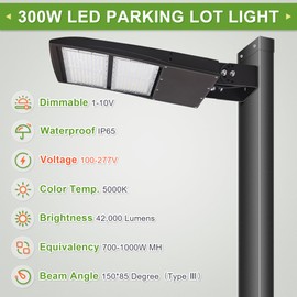LED Parking Lot Lights 300W, LED Shoebox Street Pole Lights, Built-in 20KV Surge Protector, IP65 Waterproof 42000LM Outdoor Commercial Area Road Light 5000K 100-277V DLC UL Listed