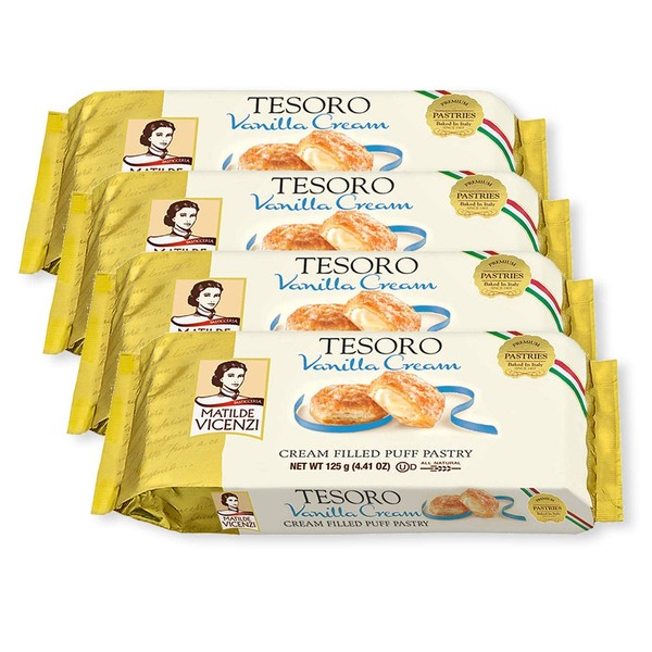 Tesoro Vanilla Cream by Pasticceria Matilde Vicenzi | Vanilla Cream Filled Puff Pastry Patisserie | All Natural, Dairy, Kosher | Made in Italy | 4.41oz (125g) Box, 4-Pack