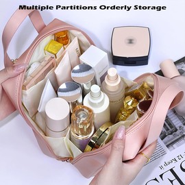 Bolsa de Maquillaje de PU de Primera Calidad, Bolsa de Cosméticos de Viaje de Gran Capacidad, para Hogar Vacaciones Viaje Baño (Rosado)