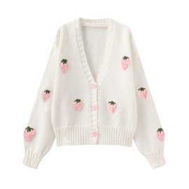 SYYRXB Kawaii Sweet Japanese Women's Fruit Strawberry Pink Embroidery Printed Button Knitted Cardigan Sweater Coat, Pink01, Large
